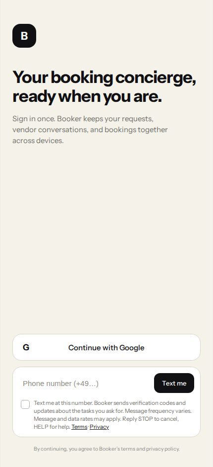 Booker sign-in screen with the SMS consent box unchecked